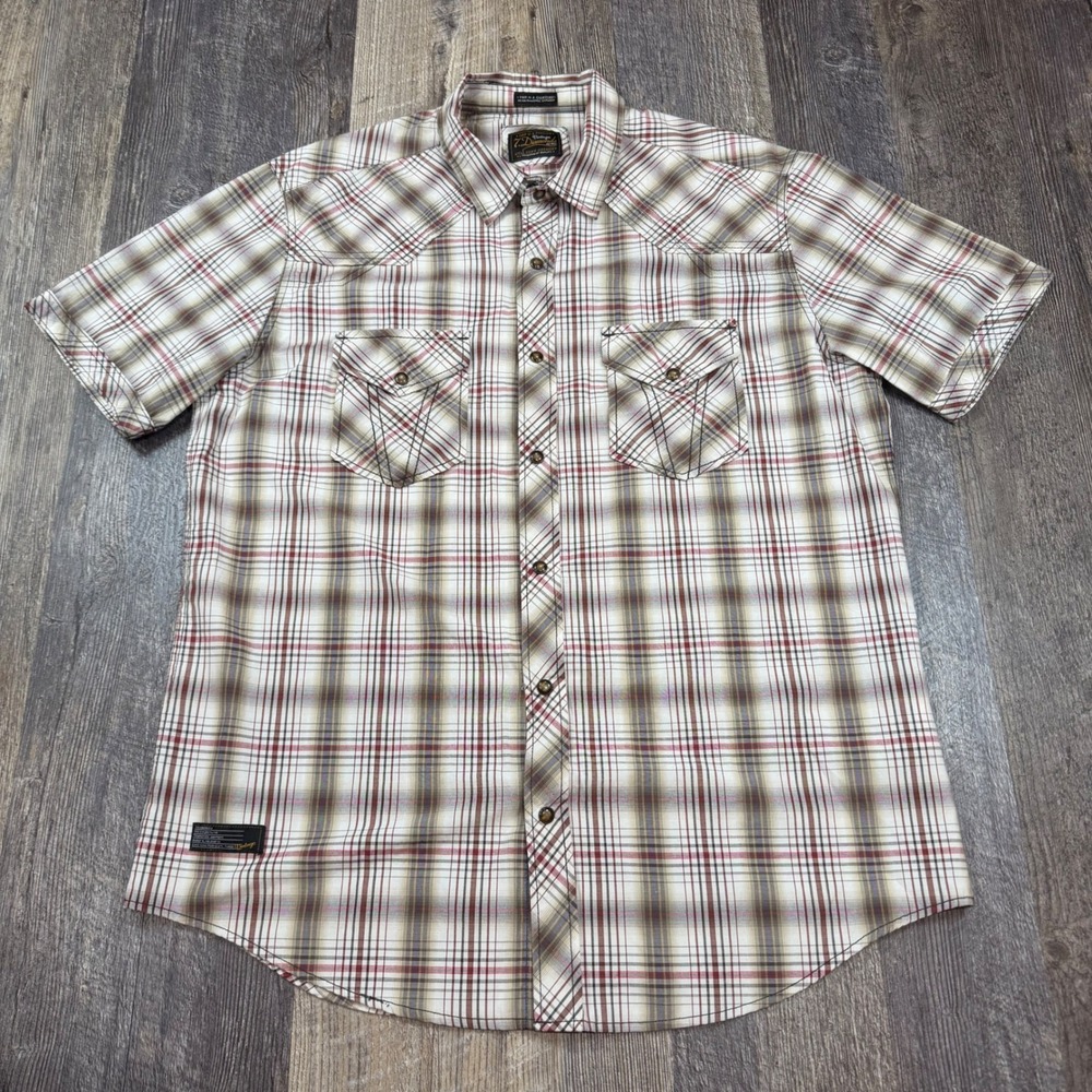 7 Diamonds Vintage Pearl Snap Button Down Shirt Men L Tan Red Plaid Short Sleeve